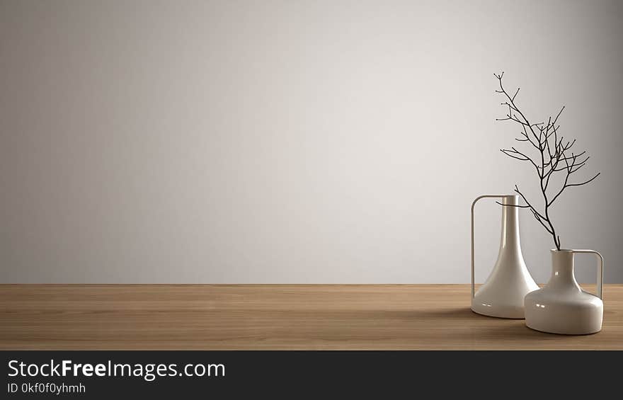 Empty Interior Design Concept, Wooden Table Or Shelf With Modern Minimalist Vases, White Architecture Background