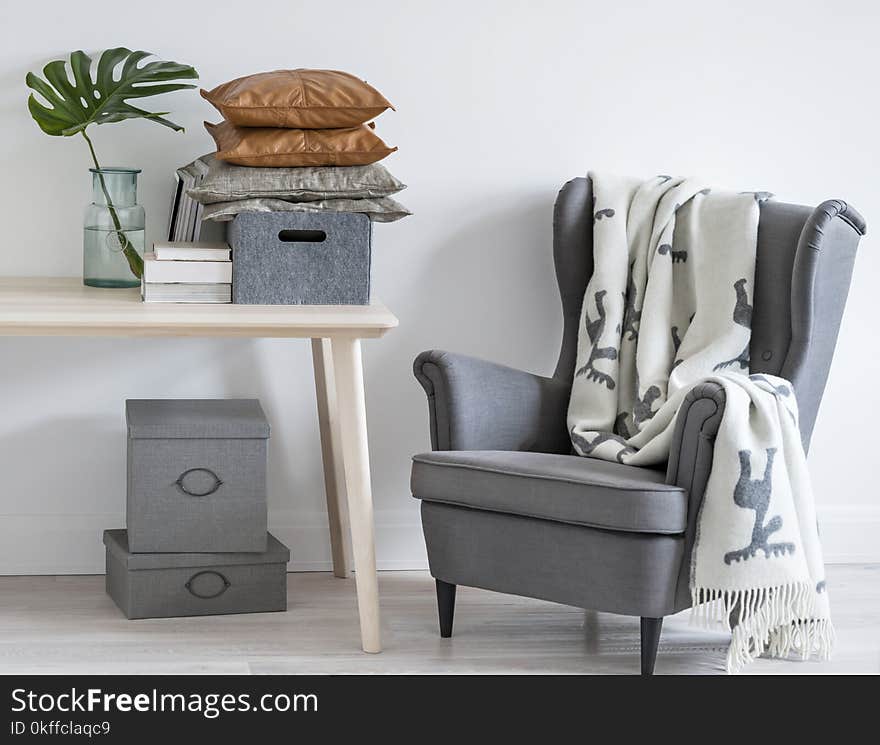 Grey armchair and wooden table with plant in vase, books and pillows in box on minimal living room interior