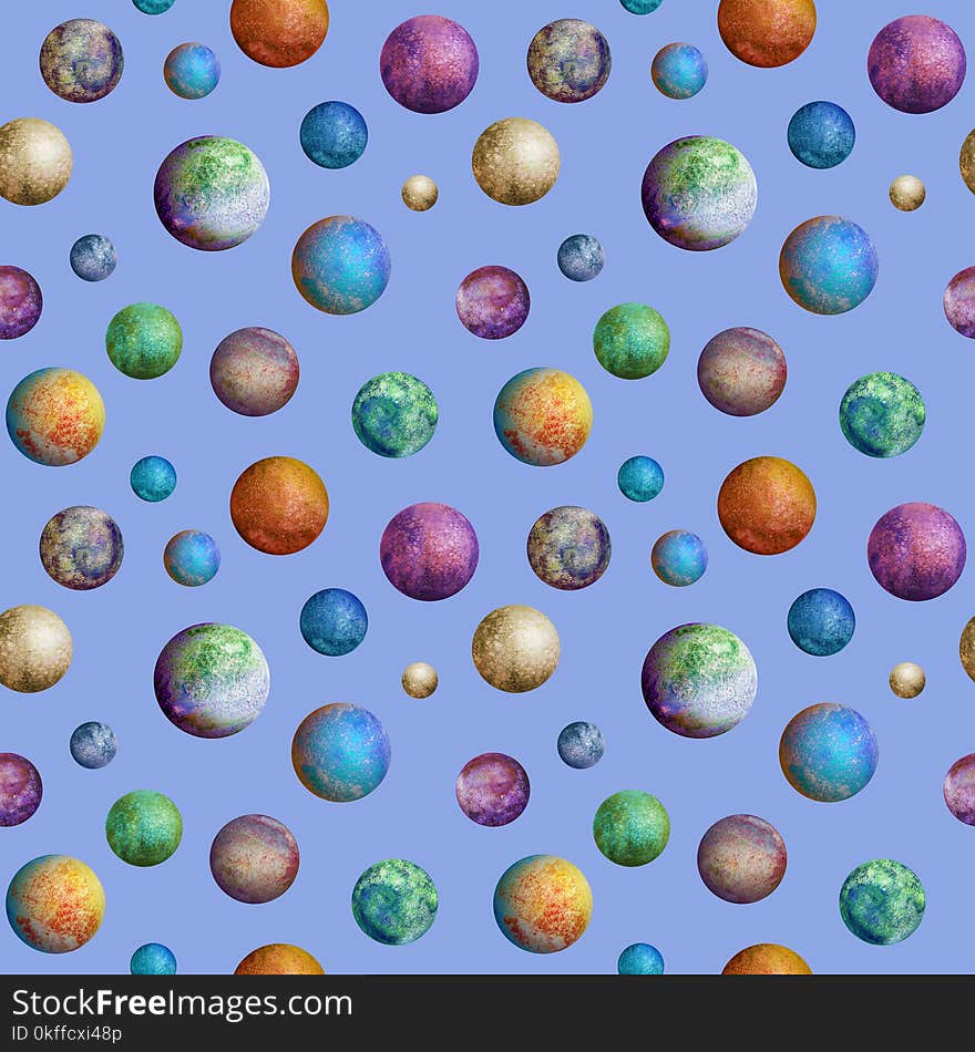 Colorful watercolor planets seamless pattern