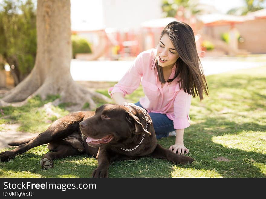 Portrait of a beautiful latin woman playing with a relaxing dog in the garden. Portrait of a beautiful latin woman playing with a relaxing dog in the garden.