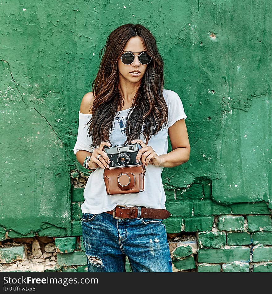 Stylish Girl With Vintage Film Camera