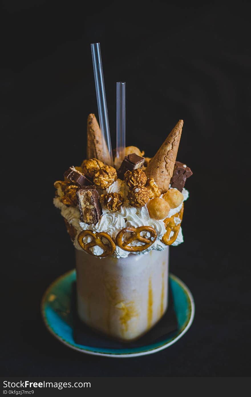 Smoothie With Pretzels and Popcorns