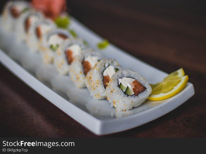 Closeup Photo of Sushi on Ceramic Plate