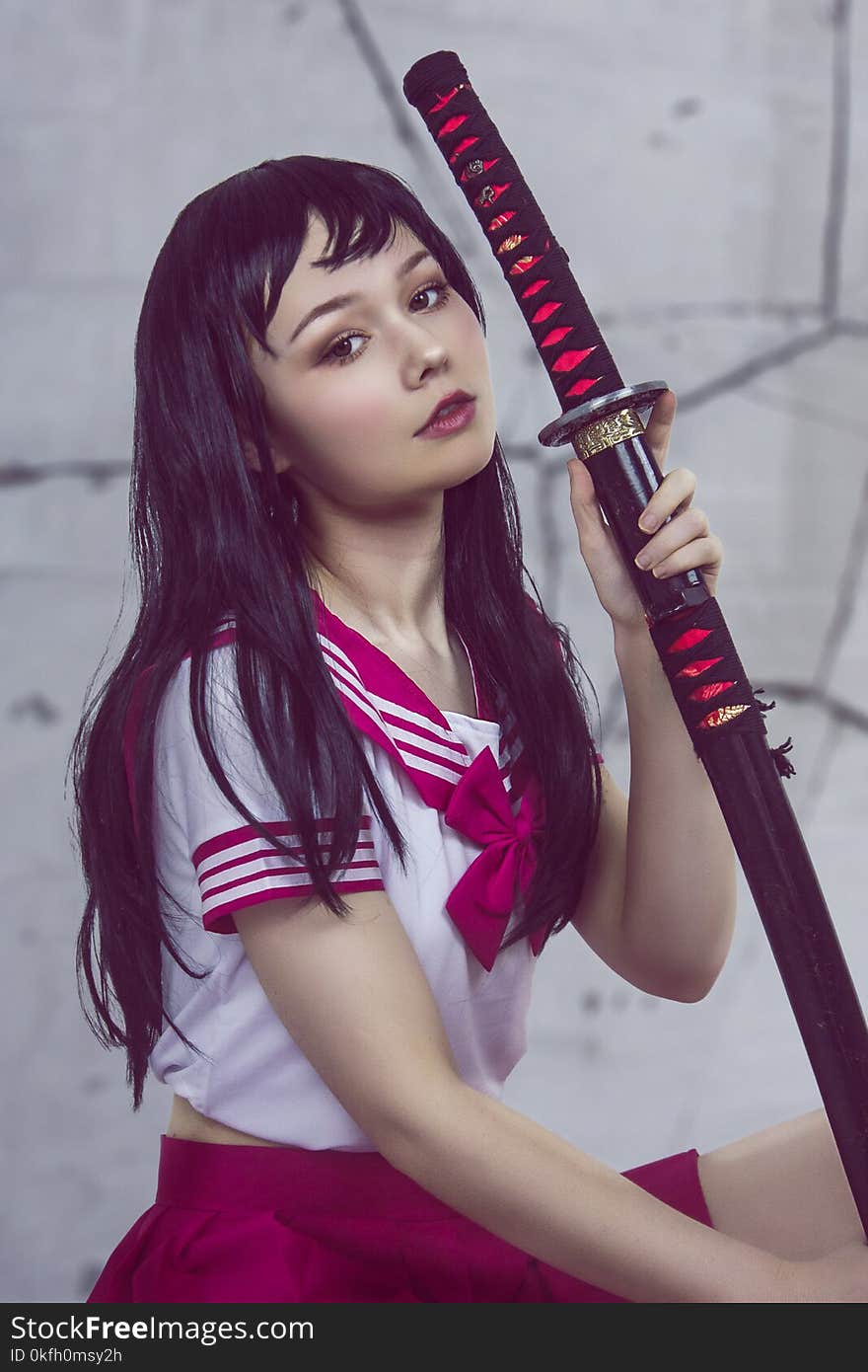 Black Hair Woman Holding Black Katana