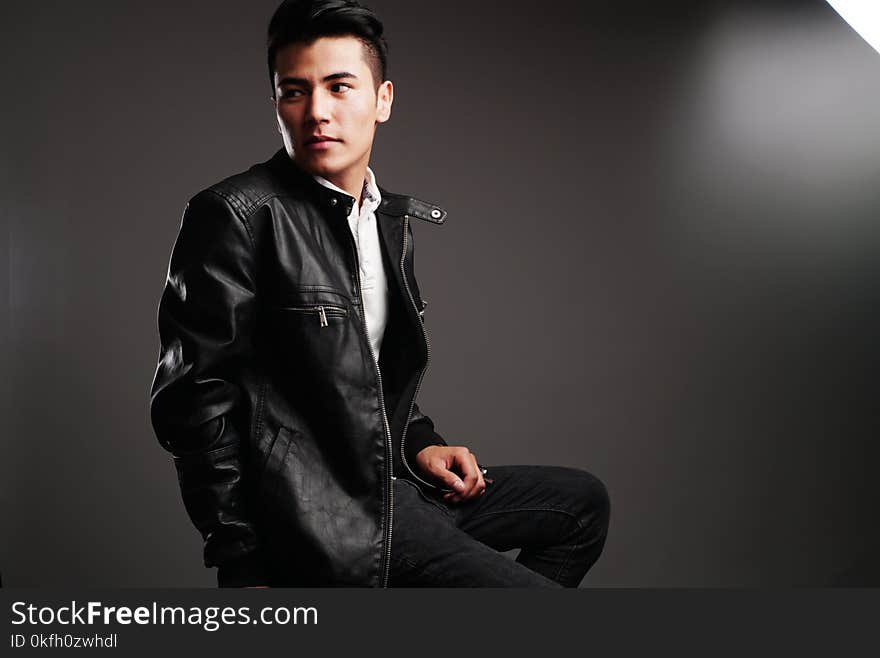 Man in Black Leather Full-zip Jacket