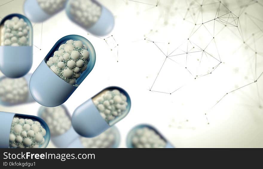 Colorful abstract chaotic structure balls inside the capsule, pharmacy and medical concept on plexus background