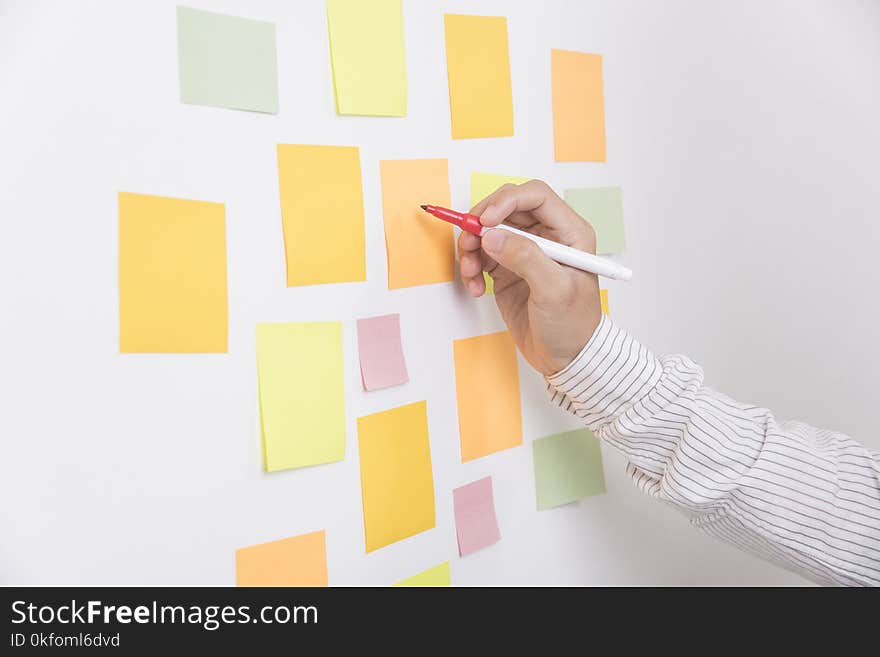 Hand writeing sticky note or post is on white bulletin billboard