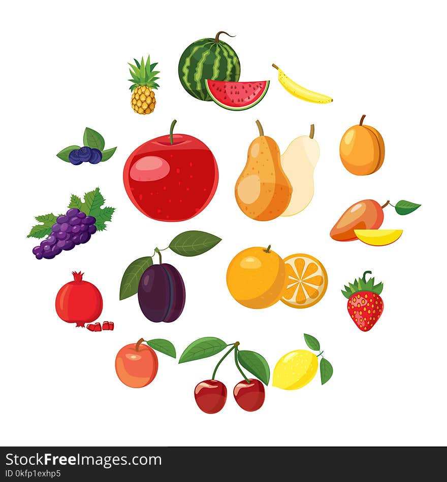 Fruit icons set, cartoon style