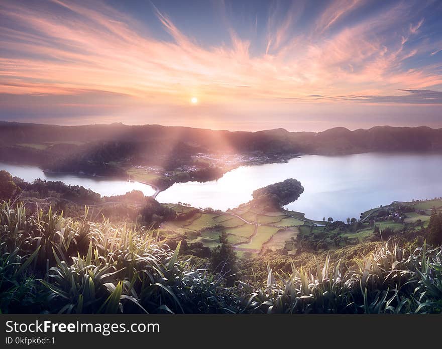 Mountain landscape with hiking trail and view of beautiful lakes Ponta Delgada, Sao Miguel Island, Azores, Portugal. Mountain landscape with hiking trail and view of beautiful lakes Ponta Delgada, Sao Miguel Island, Azores, Portugal.