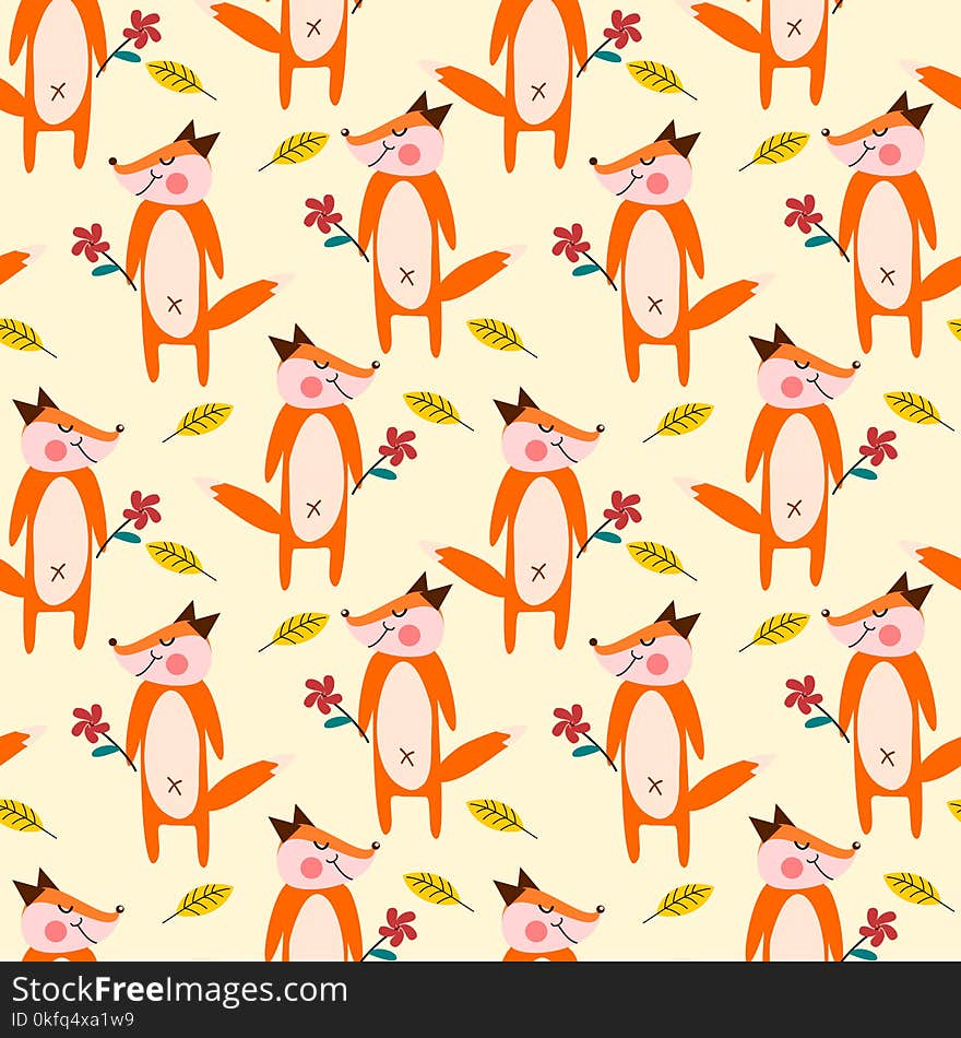 Cute Fox Hold Flower Seamless Pattern.