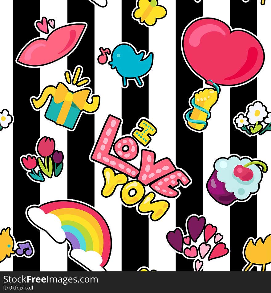 Vector Romantic Love Seamless Pattern in doodle style with shape. Girl fashion ornament. Nice cartoon background. Fun backdrop.