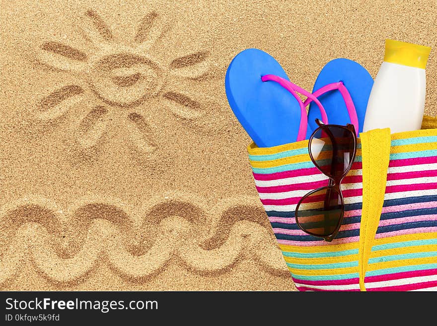 Vacations summer beach bag sunglasses fun suntan lotion flip-flop