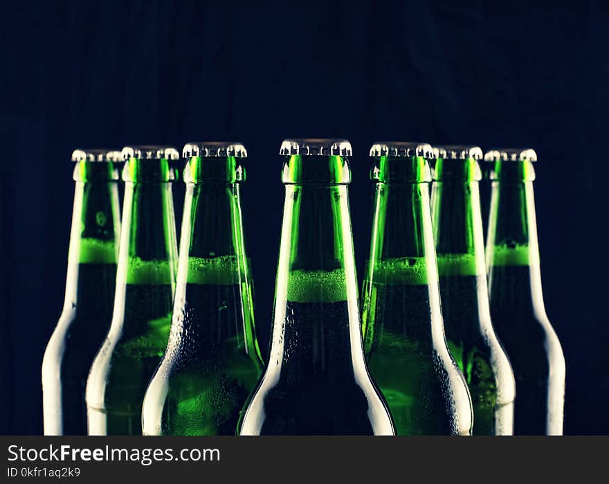 Beer. Several bottles of chilled beer on a black background. Concept: beer, oktoberfest, pub. Beer. Several bottles of chilled beer on a black background. Concept: beer, oktoberfest, pub