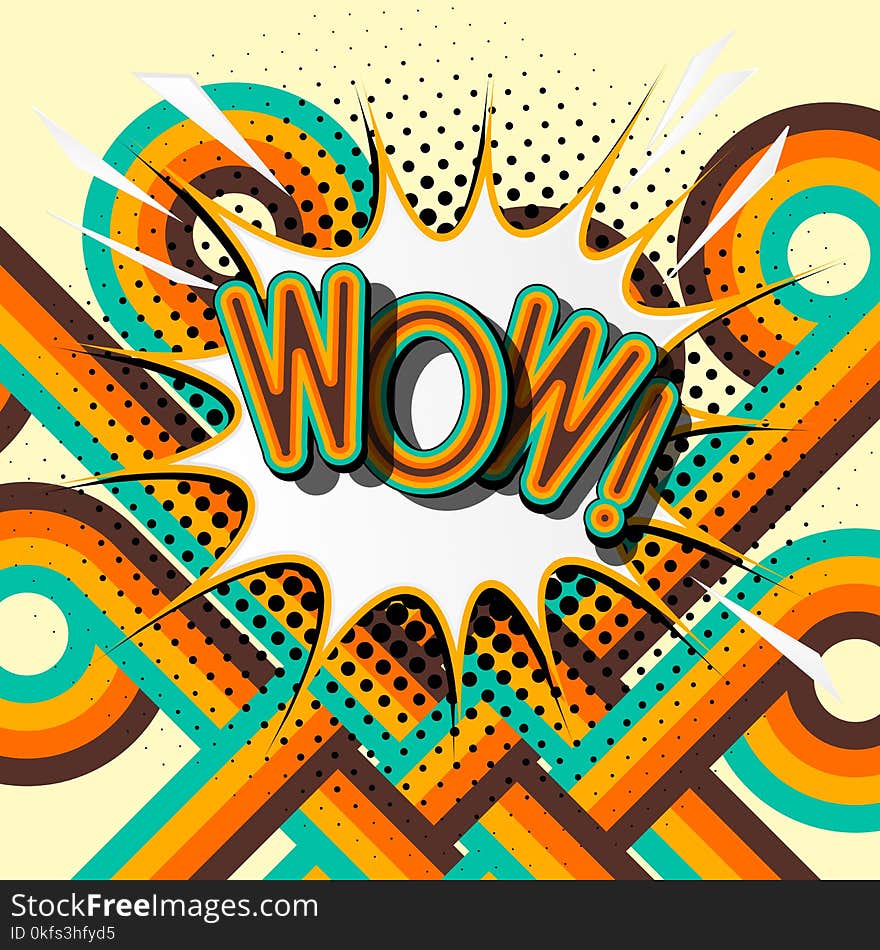 WOW – retro lettering with shadows, halftone pattern on retro poster background. Vector bright illustration in vintage pop art style.