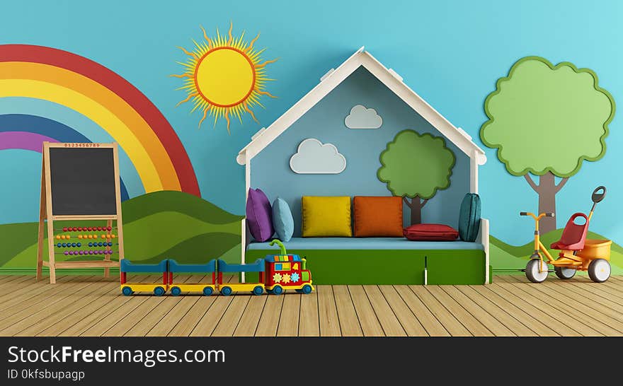 Colorful playroom with bed, blackboard and toys - 3d rendering