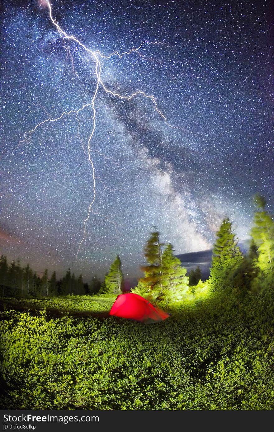 The tent is illuminated at the top of the mountain, a strong expansive wind blows coniferous high-rise trees, lightning and thunder over the bivouac of travelers` climbers. The tent is illuminated at the top of the mountain, a strong expansive wind blows coniferous high-rise trees, lightning and thunder over the bivouac of travelers` climbers