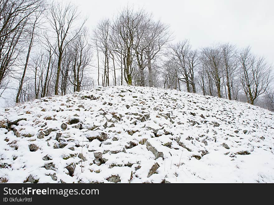 Stony hill. Mountain top in winter with snow and basalt stones. Misty forest and melancholy mood. Stony hill. Mountain top in winter with snow and basalt stones. Misty forest and melancholy mood