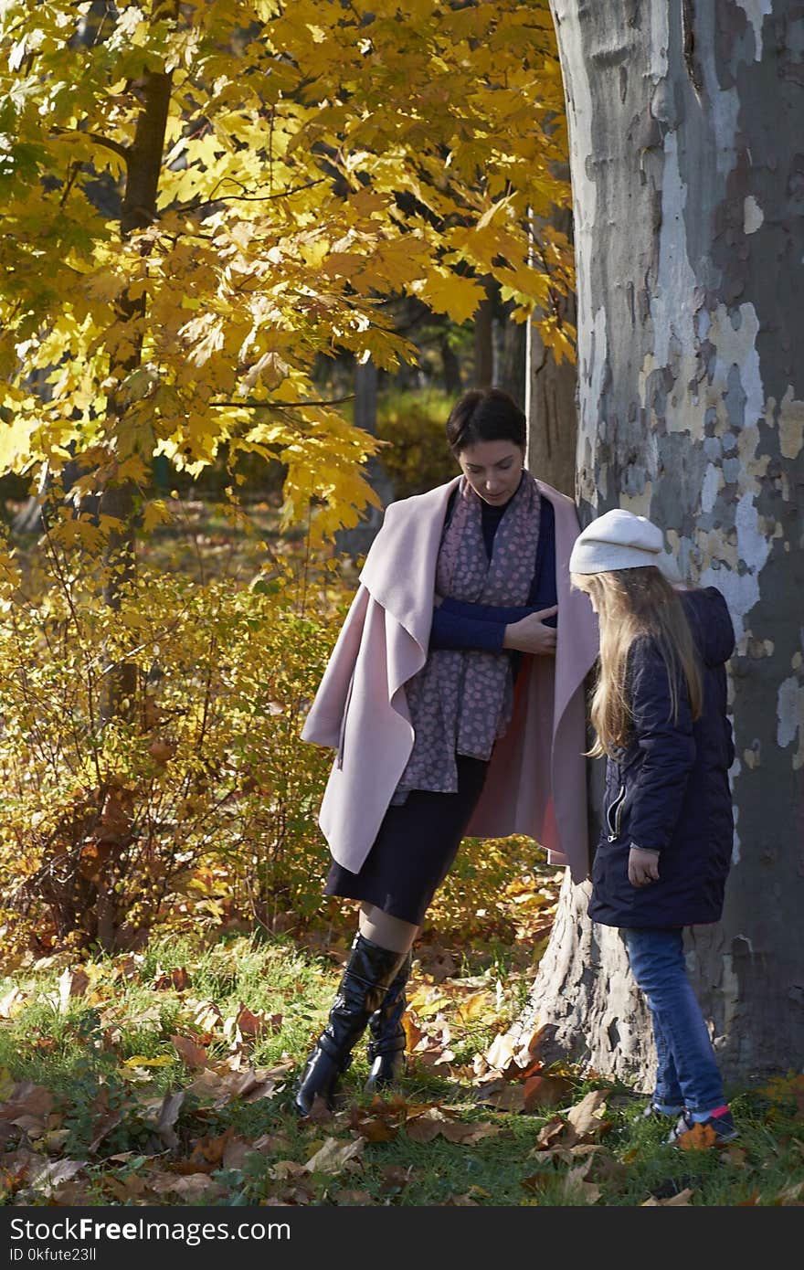 Mother and little girl hiding behind a tree in a park in autumn. Tree of Platanus