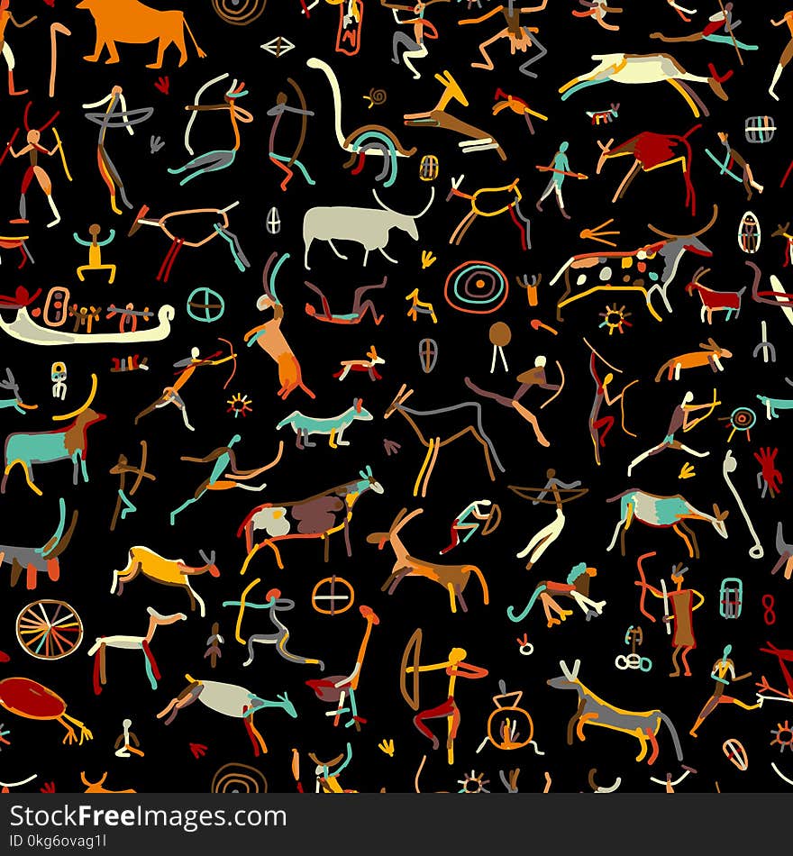 Rock Paintings With Ethnic People, Seamless Pattern