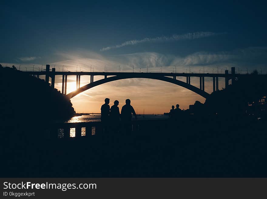 Silhouette of People Standing Near the Bridge