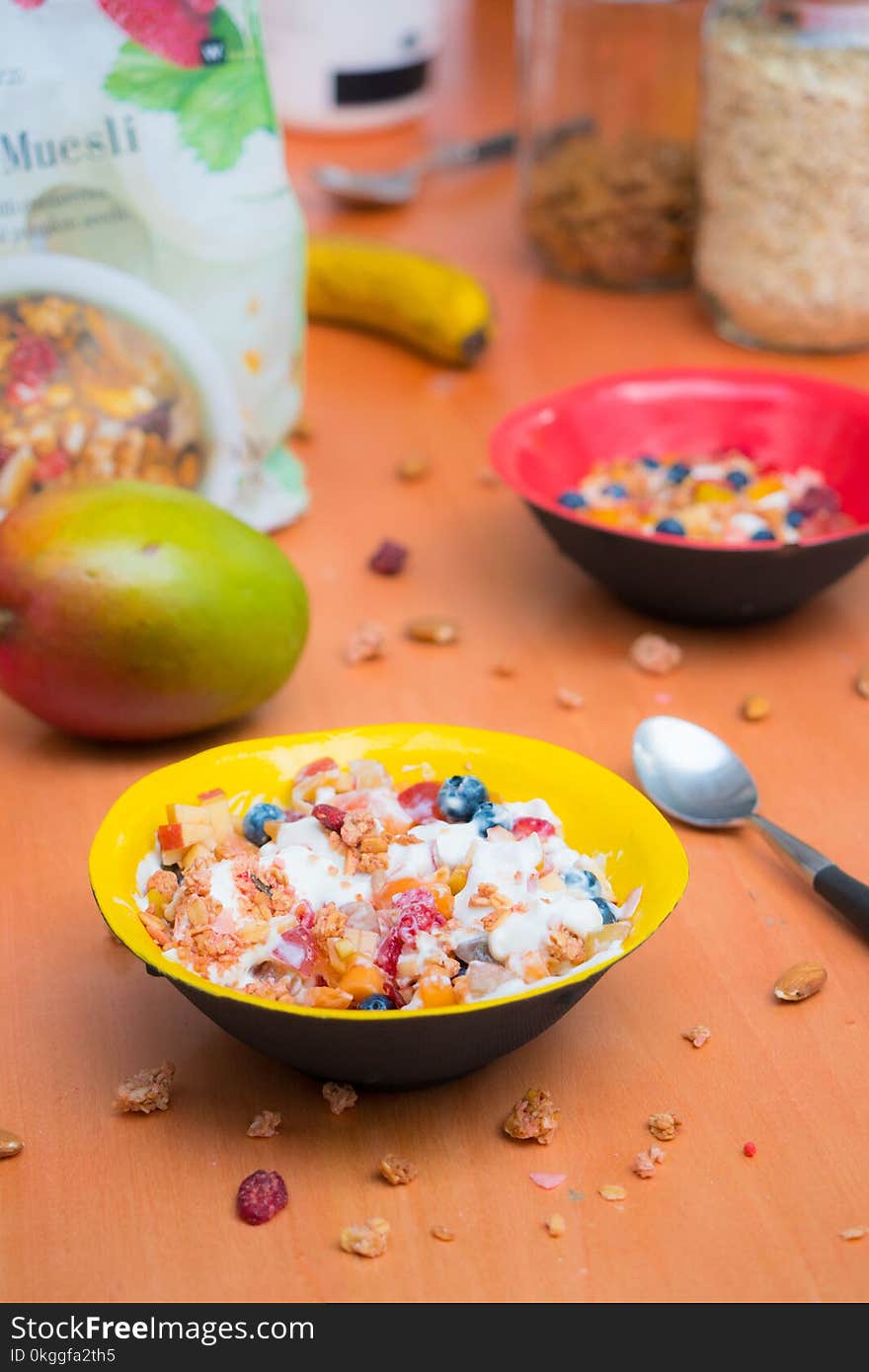 bowls of cereals on a table