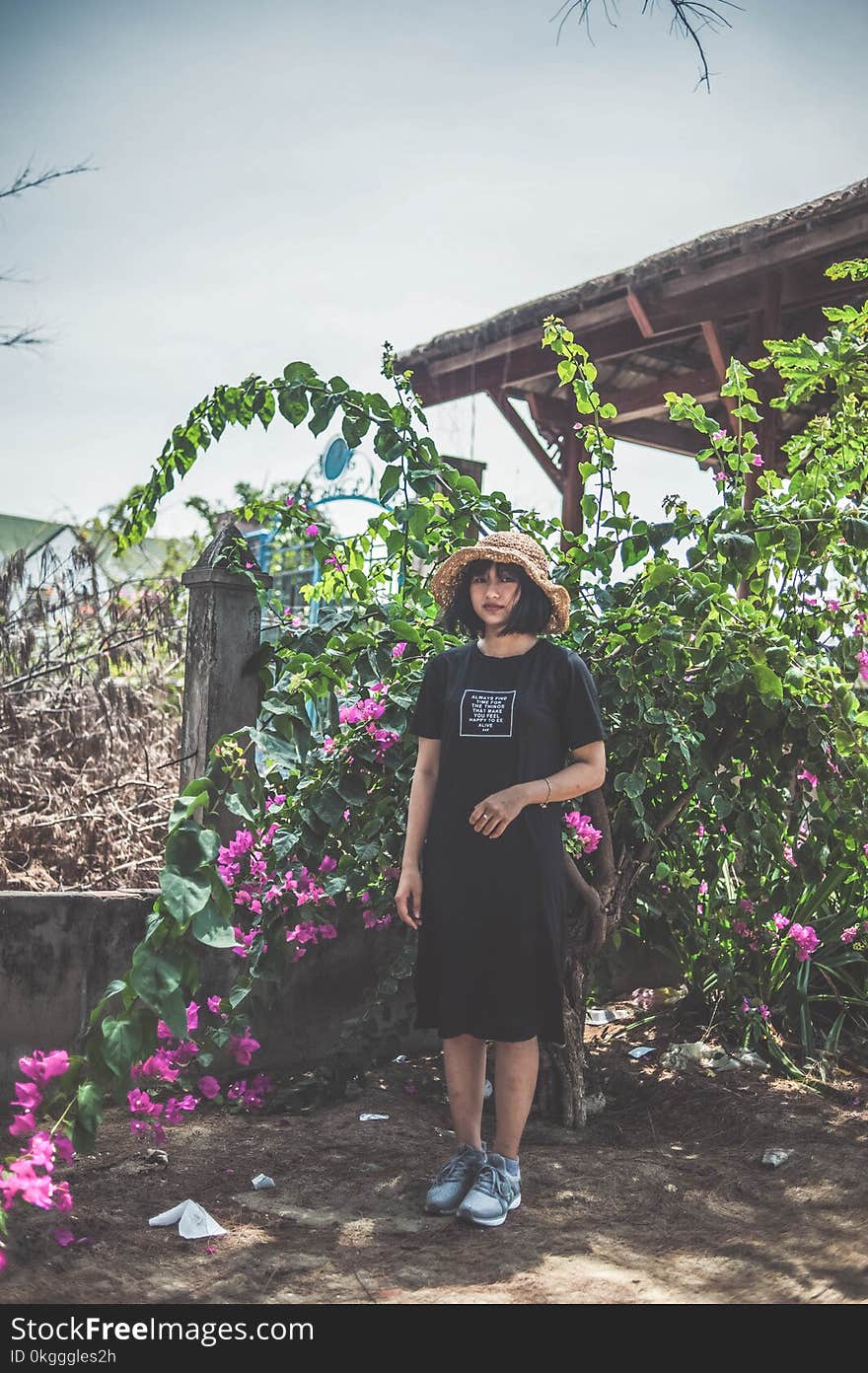 Woman Wearing Black Crew-neck Dress Standing Beside Pink Flowers