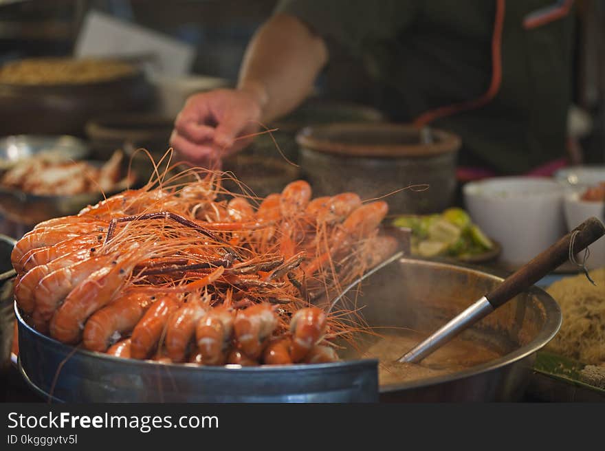 Shrimp on Round Gray Metal Pot