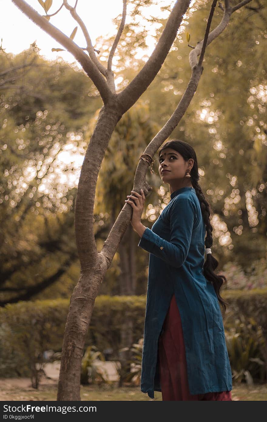 Woman Wearing Blue and Red Dress Standing Beside Tree