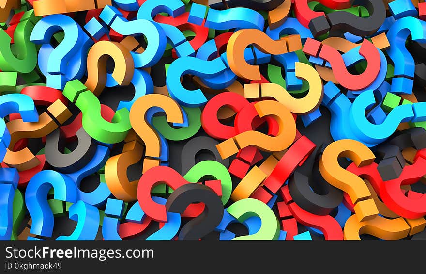 Colorful question marks background. 3D Rendering.