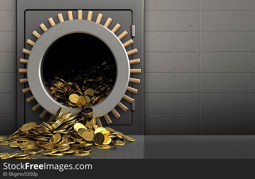 3d illustration of metal safe with golden coins over iron wall background. 3d illustration of metal safe with golden coins over iron wall background