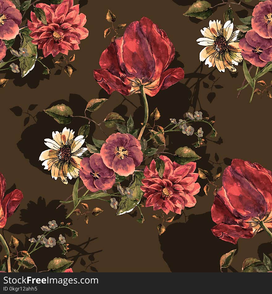 Watercolor tulip dahlia chamomile flower bouquet background handiwork design floral leaf seamless pattern. Watercolor tulip dahlia chamomile flower bouquet background handiwork design floral leaf seamless pattern