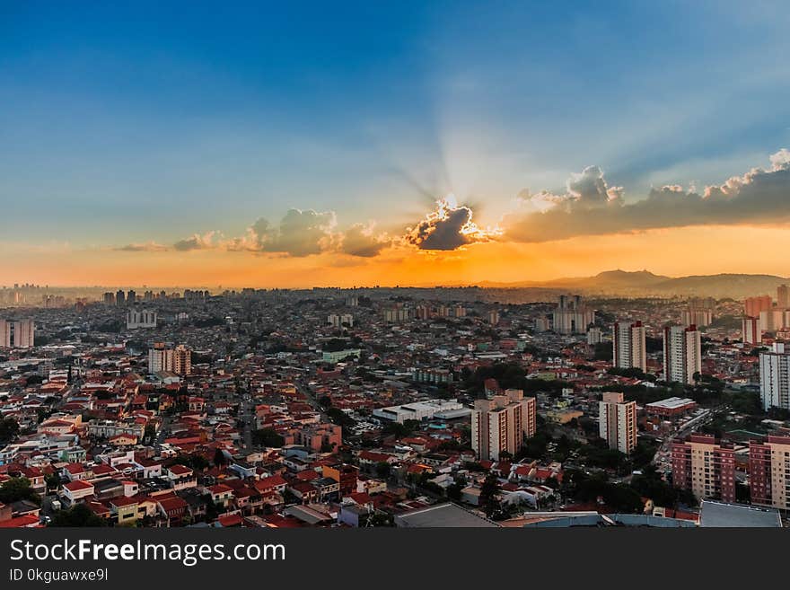 Aerial Photography of City Skyline during Golden Hour