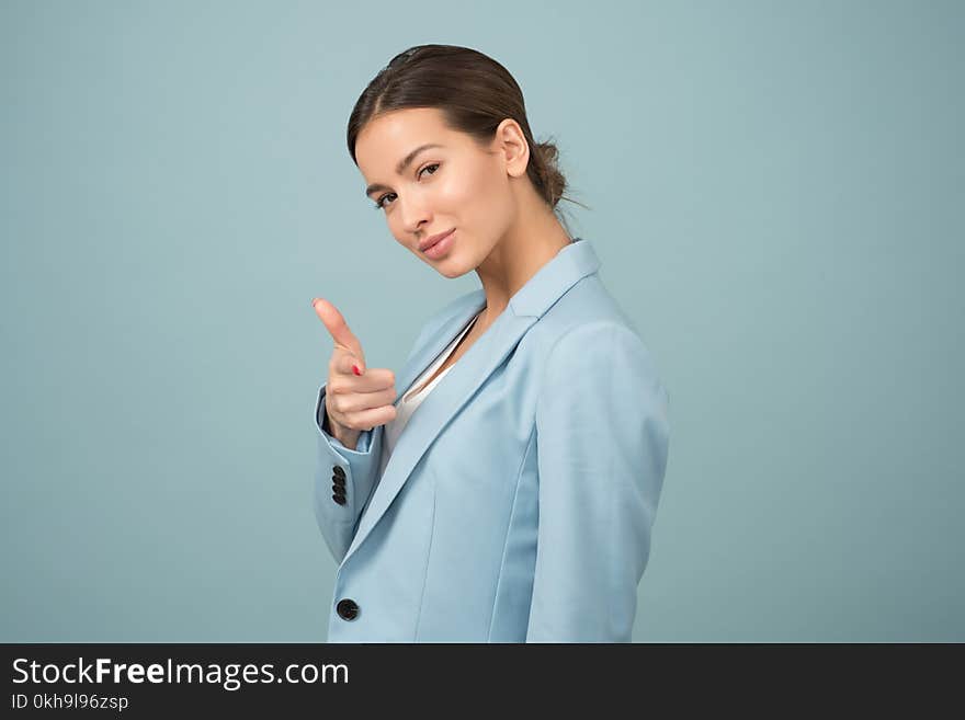 Woman Wearing Blue Shawl Lapel Suit Jacket