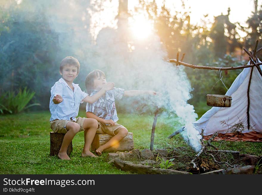 Two Sweet Children, Boy Brothers, Camping Outside Summertime On