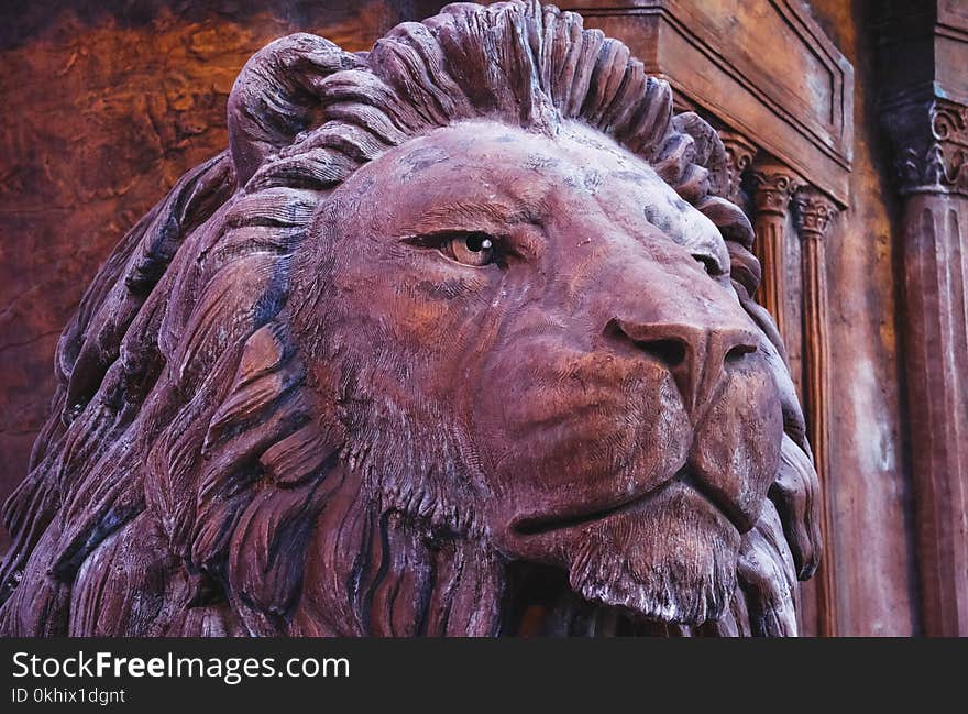 Macedonia, Skopje, Downtown Sculpture Lion. City Center, Monument Of Pregnant Olympia, Mother Of Alexander The Great. Lion Head