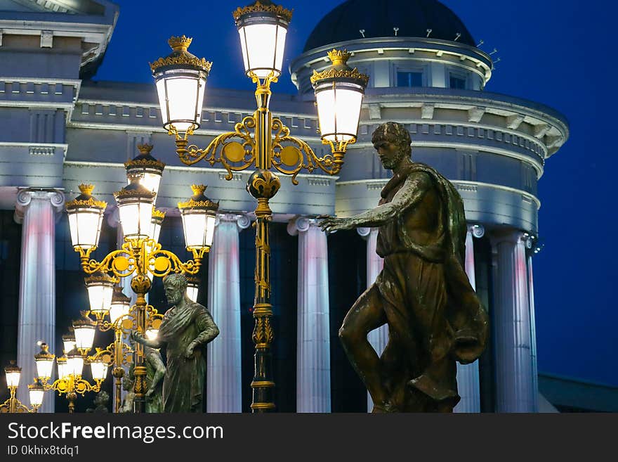 Skopje, Macedonia, Art Bridge At Night. European City Architecture, Famous Bridge With Sculptures.