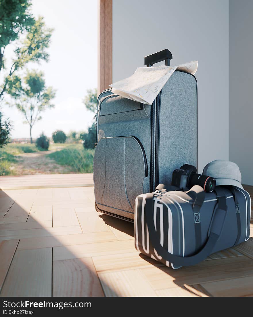 Travel case with open door travel vacation concept