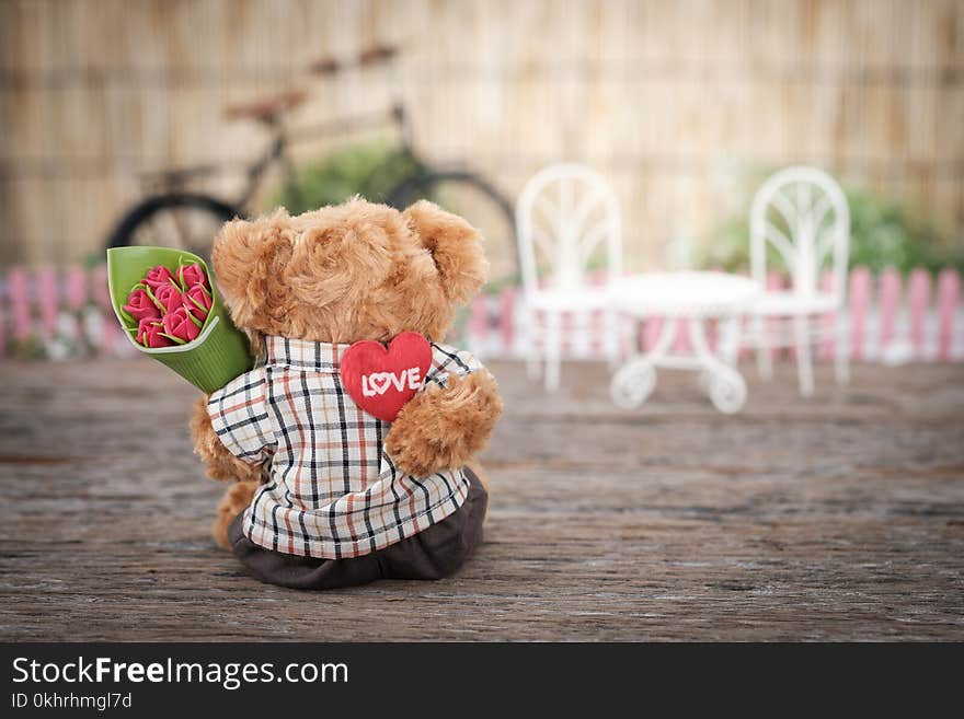 Brown Bear Plush Toy Holding Red Rose Flower