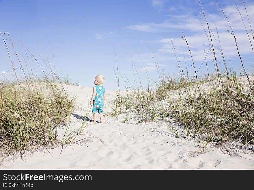 Toddler Wearing Blue Shirt Standing on White Sand Near Green Grass Photo