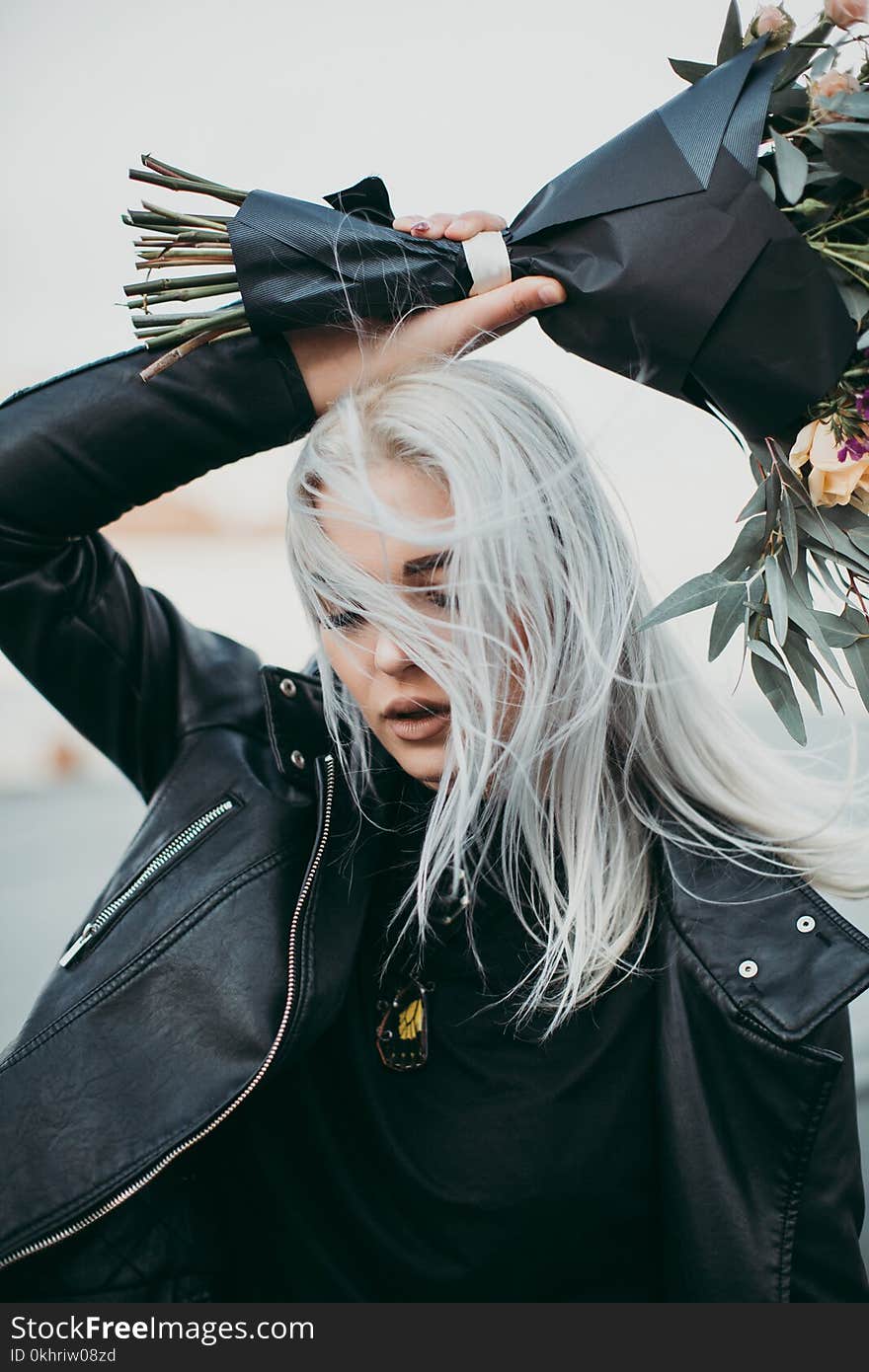 Woman Wears Black Leather Zip-up Jacket