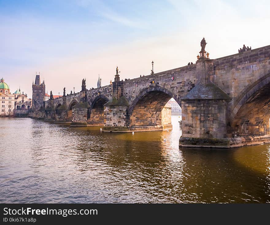 Charles bridge in Prague Czech Republic during sunset, close-up. Beautiful romantic for couple traveler.