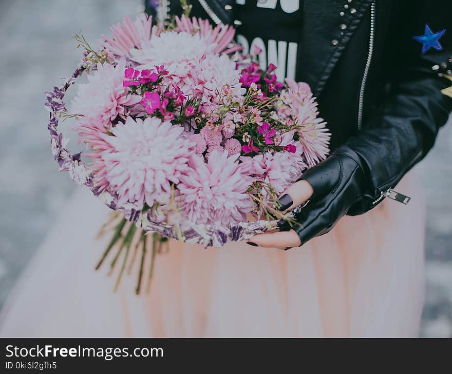 Person in Black Leather Jacket Pink and Red Flower Bouquet