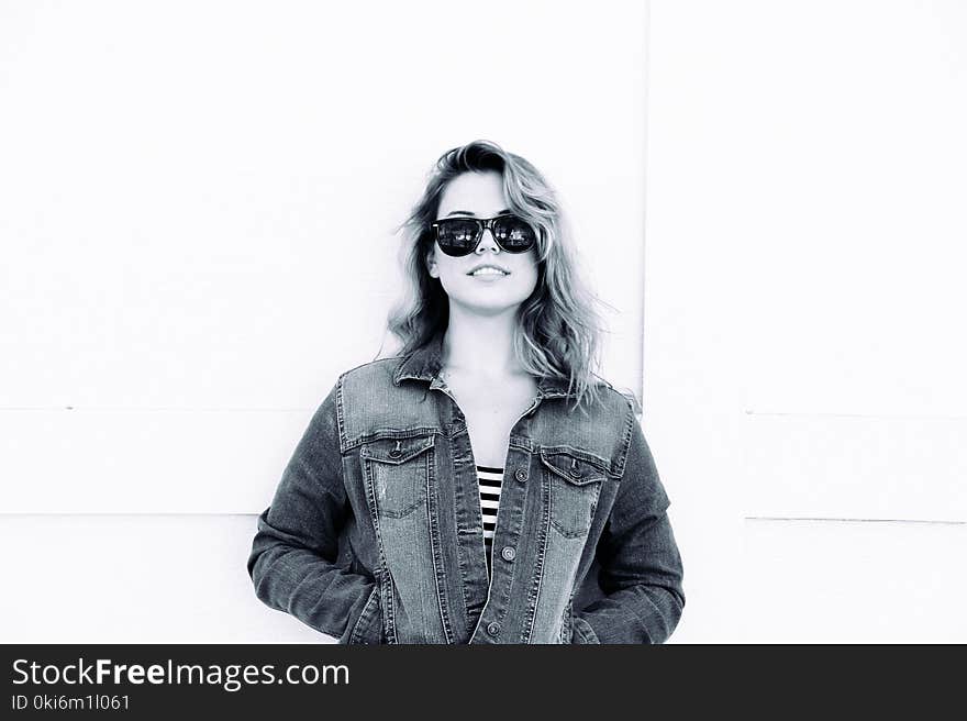 Gray Scale of Woman Wearing Dress Shirt and Sunglasses