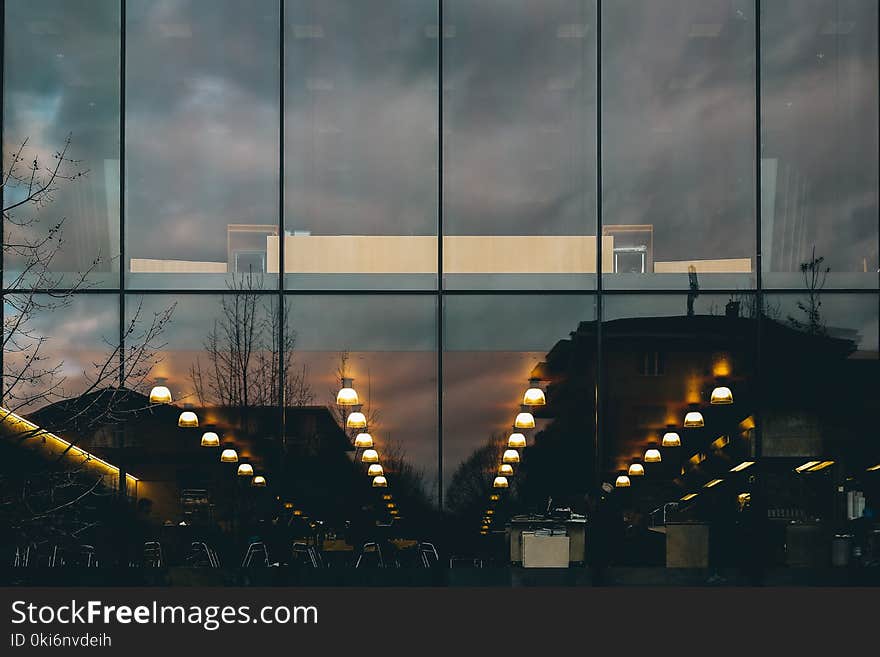 Reflection of Street Lights from Window of Building during Nighttime