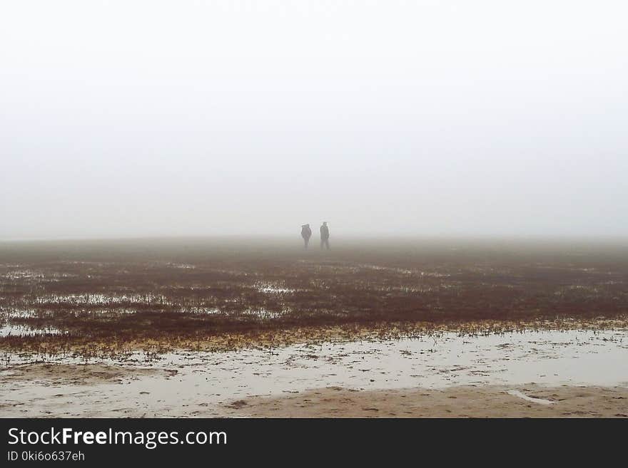 Two People Walking on Fog Covered Field