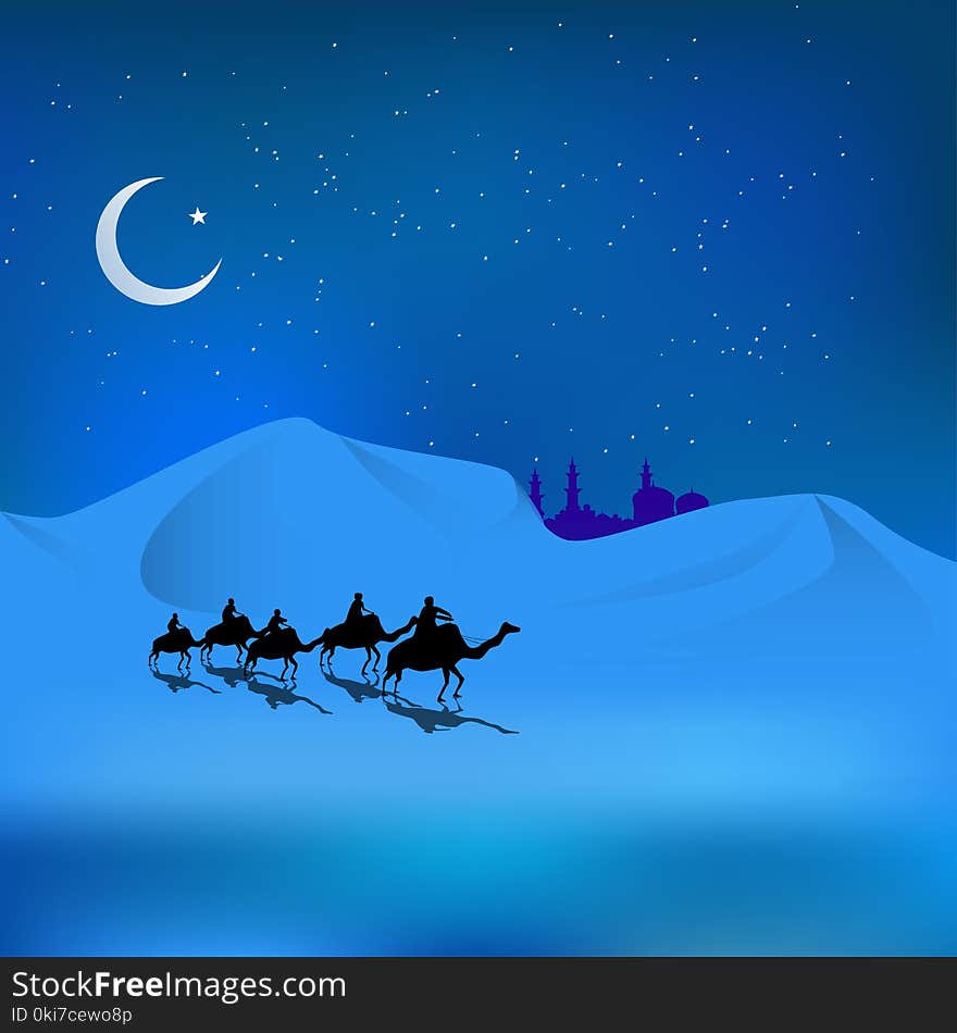 The silhouoette of arabian man riding on camel in dessert, vector illustration