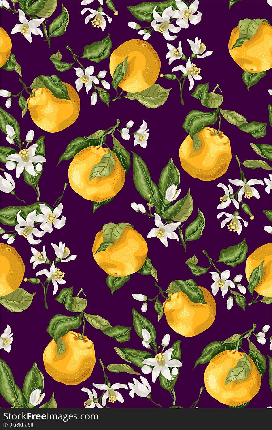 Seamless pattern with orange fruit tree branches, fruits and flowers, buds and leaves on the purple backgroud. Vector illustation made in natural realistic colors Juicy beautiful fruits in graphic design