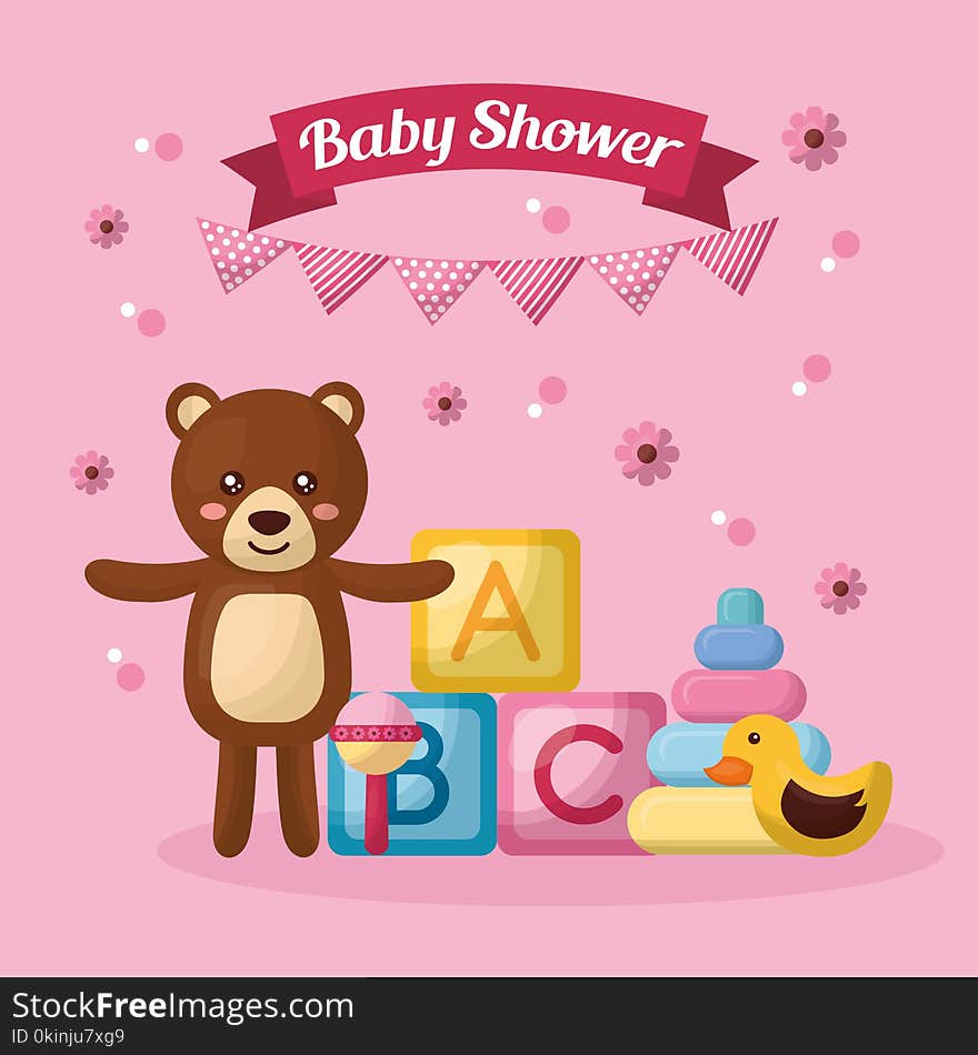 baby shower celebration cute bear open arms pink pennant cubes duck girl born illustration