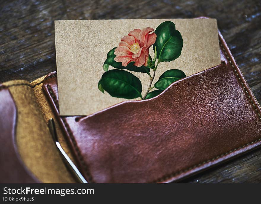 Brown Leather Card Wallet With Pink Petaled Flower Printed Card