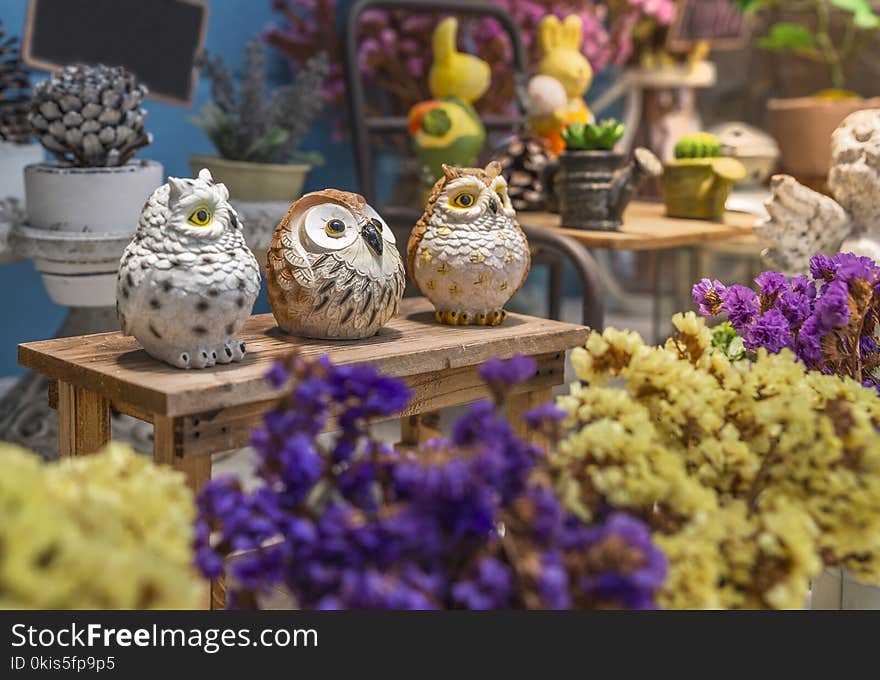 Cute owl Ceramic Sculpture with flower. Decoration in garden. Three owls cute ceramic stand on wooden display. Selected focus.